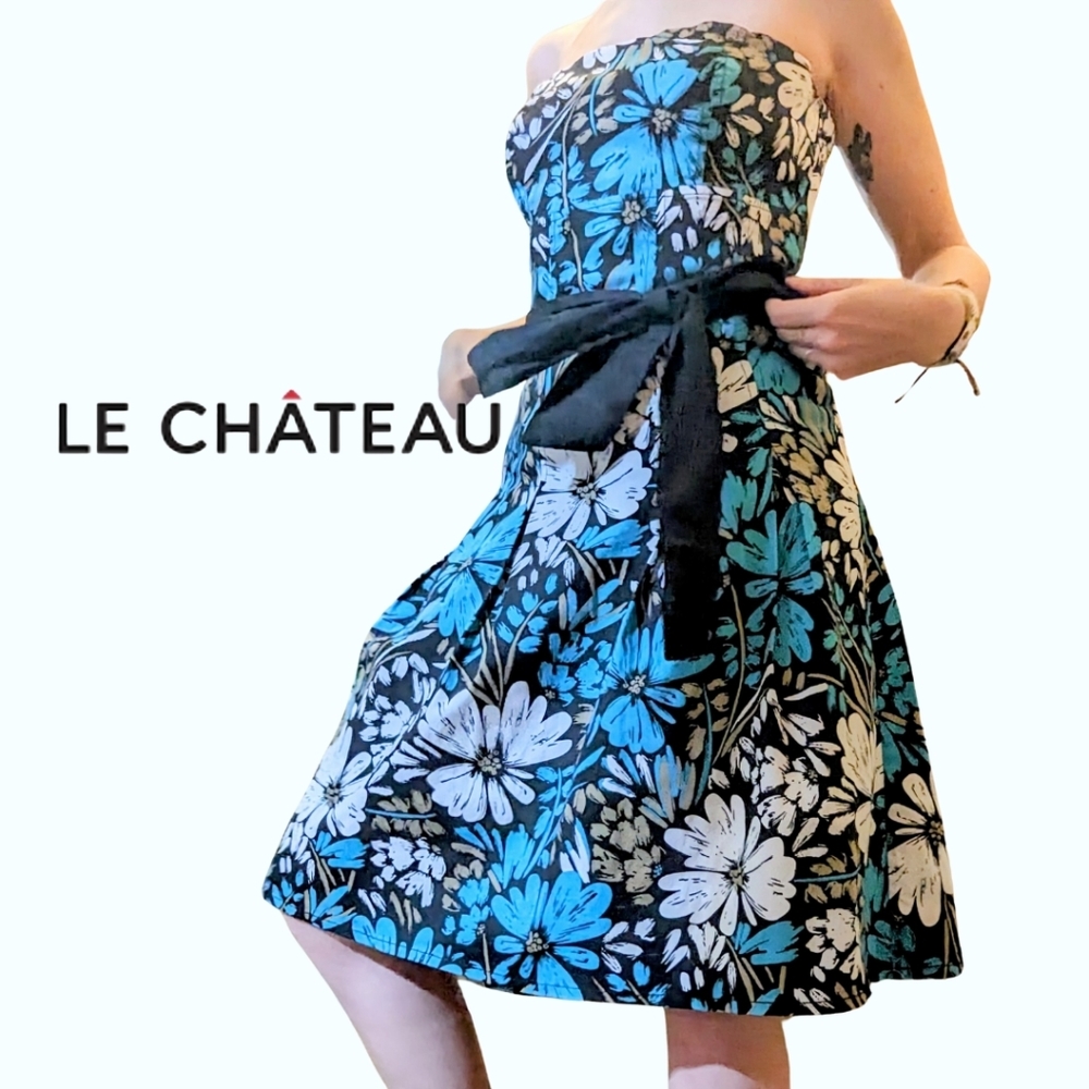 Vintage le chateau size med strapless mini dress, EUC, teal floral pattern